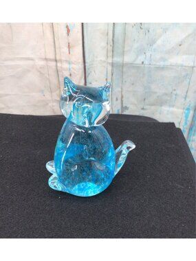 Hand-Blown Blue Glass Cat Figurine Decorative Paperweight Collectible Art Glass